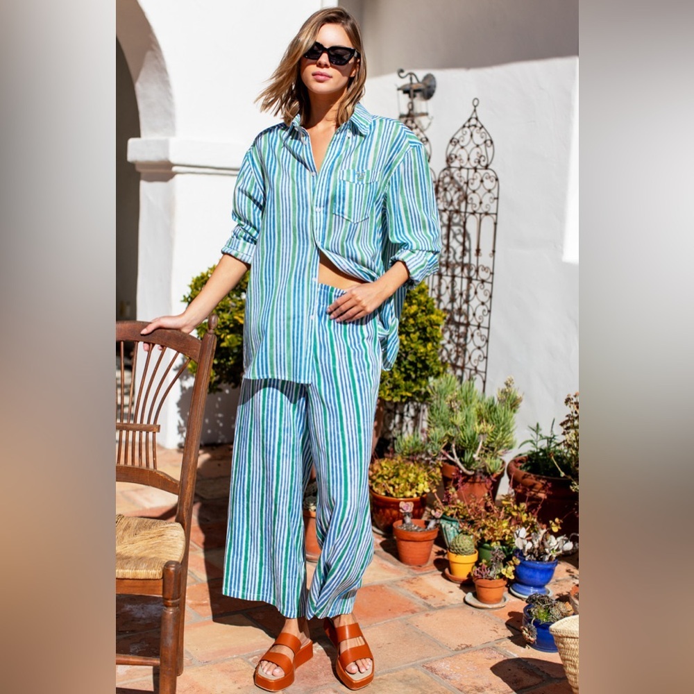 Emerson Fry Striped Wide Leg Pants in Blue and Green